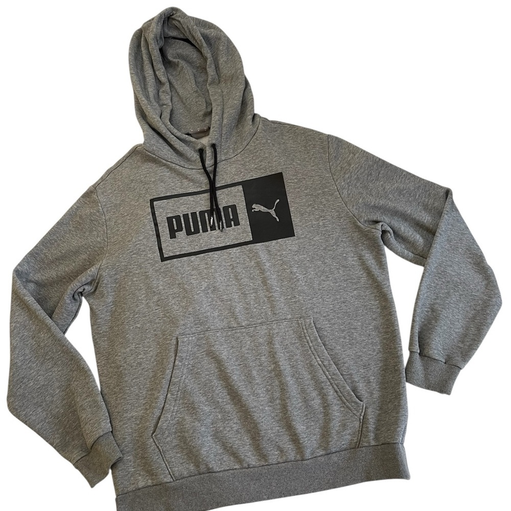Puma Hoodie Men’s M Sweatshirt Heather Gray Black Logo Pullover